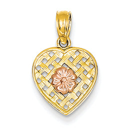 14K Gold Two-tone Woven Heart with Pink Flower Pendant