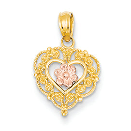 14K Gold Two-tone Lace Trim and Pink Rose Center Heart Pendant