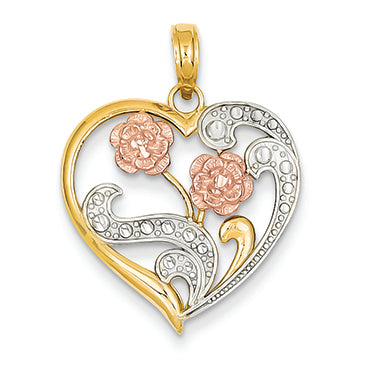 14K Gold Two-tone & Rhodium Flowers on Cut-out Heart Pendant