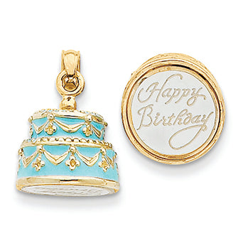 14K Gold 3-D Light Blue Enameled Happy Birthday Cake Pendant