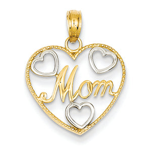 14K Gold & Rhodium Mom in Beaded Heart Pendant