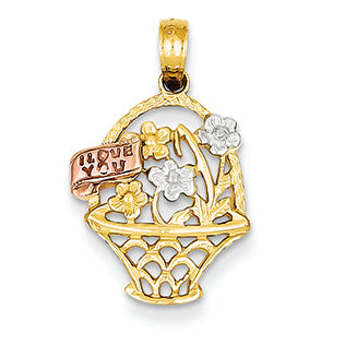 14K Gold Two-tone & Rhodium Flowers in Basket Pendant