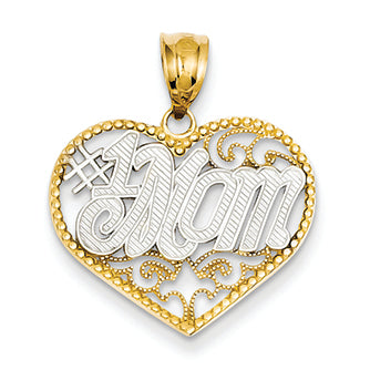 14K Gold & Rhodium Filigree #1 Mom Heart Pendant