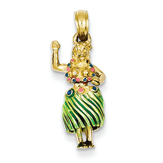 14K Gold 3-D Enameled Hula Girl with Moveable Grass Skirt Pendant