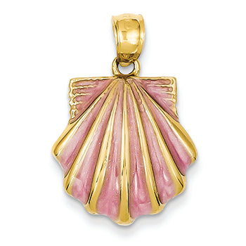 14K Gold 2-D Pink Enameled Scallop Shell Pendant