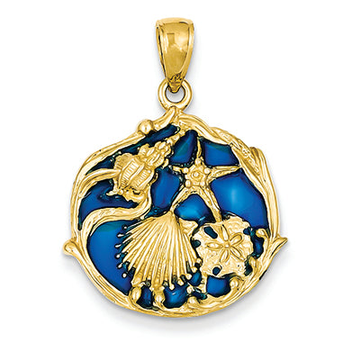 14K Gold Blue Stained Glassed Shell Cluster Pendant