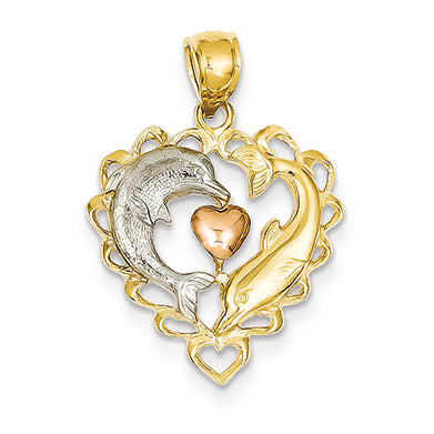 14K Gold Two-tone & Rhodium Dolphins in Heart Pendant