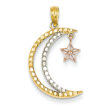 14K Gold Two-tone/Rhodium Moon with Dangling Star Pendant