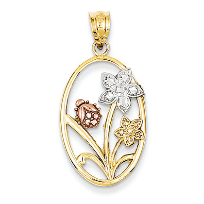 14K Gold Two-tone & Rhodium Diamond-cut Oval Floral Pendant