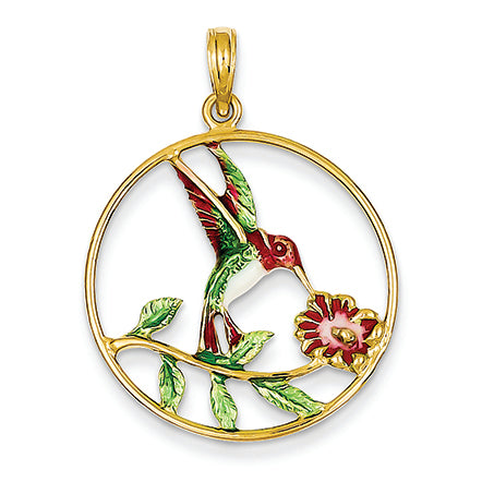 14K Gold Enameled Hummingbird & Flower Round Frame Pendant