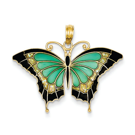14K Gold Aqua Stained Glass Wings Butterfly Pendant