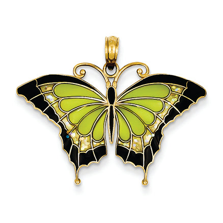 14K Gold Green Stained Glass Wings Butterfly Pendant