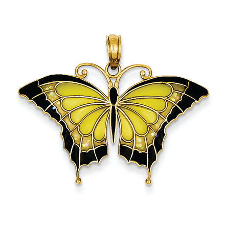 14K Gold Yellow Stained Glass Wings Butterfly Pendant