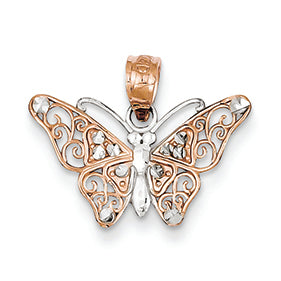 14K Gold Two-tone & Rhodium Diamond-cut Butterfly Pendant