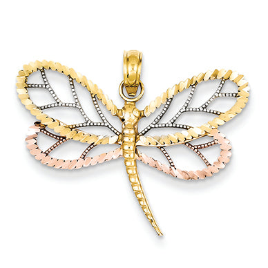 14K Gold Two-tone & Rhodium Dragonfly Pendant