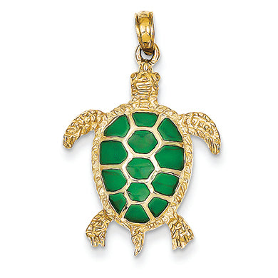 14K Gold Green Translucent Acrylic Sea Turtle Pendant