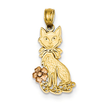 14K Gold Two-tone Bow and Pink Flower Cat Pendant