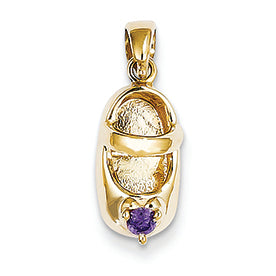 14K Gold 3-D February/Amethyst Engraveable Baby Shoe Charm