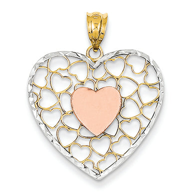 14K Gold Yellow & Rose Gold w/Rhodium Diamond-cut Heart Pendant