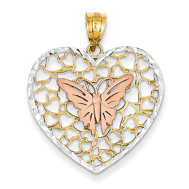 14K Gold Yellow & Rose Gold w/ Rhodium D/C Butterfly Heart Pendant