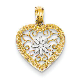 14K Gold Polished Heart w/Rhodium Pendant