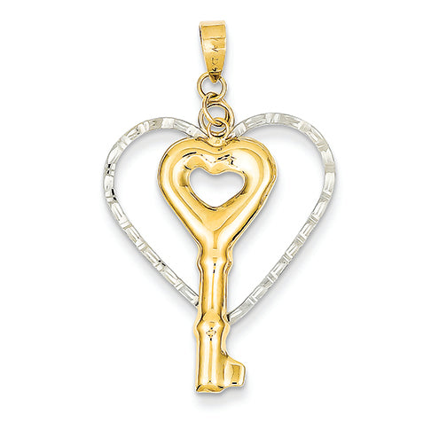 14K Gold Two-tone Diamond Cut Open Heart with Puff Key Pendant