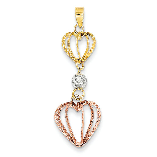14K Gold Tri-colored Diamond Cut Heart Cages & Bead Pendant