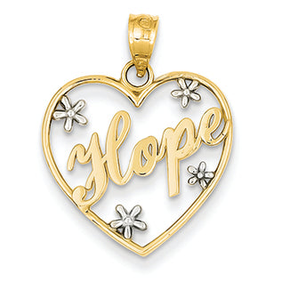 14K Gold Polished Heart w/Rhodium HOPE Pendant