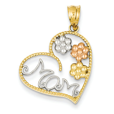 14K Gold Tricolor MOM & Flowers Pendant