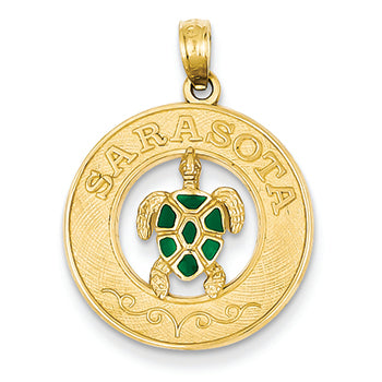 14K Gold Polished Sarasota on Round Disc w/ Enameled Turtle Pendant