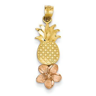 14K Gold Yellow & Rose Gold Pineapple w/ Plumeria Pendant