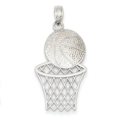 14K White Gold Diamond-cut Basketball & Hoop Pendant