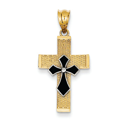 14K Gold Yellow & White Gold Enameled Textured Cross Charm