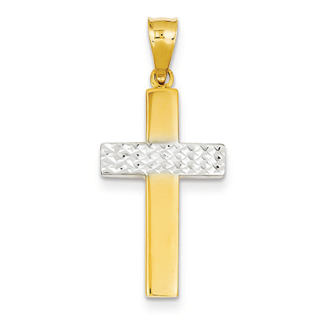 14K Gold Gold With Rhodium Textured Hollow Cross Pendant