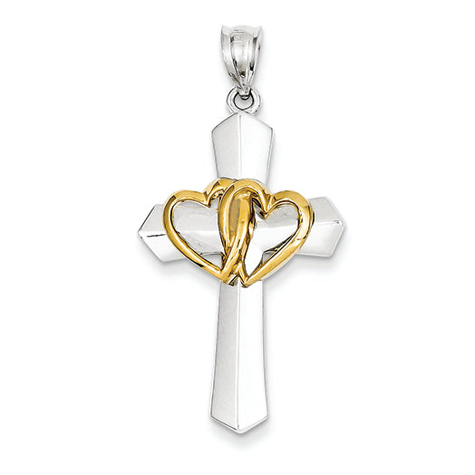 14K Gold Two Tone Cross w/ Hearts Pendant