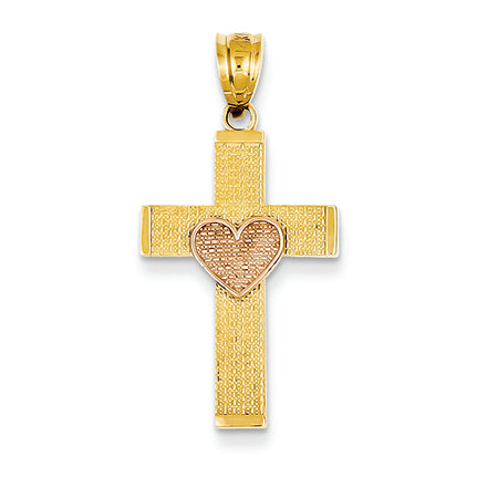 14K Gold Two toned Textured Cross w/ Heart Pendant
