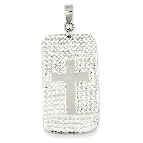 14K White Gold Diamond Cut Rectangle w/ Cross Center Pendant