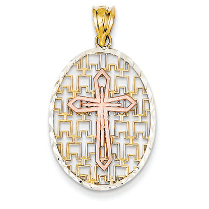 14K Gold Yellow & Rose Gold w/ Rhodium D/C Oval Cross Pendant