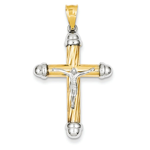 14K Gold Two-Tone with Rhodium Hollow Twist Texture Crucifix Pendant