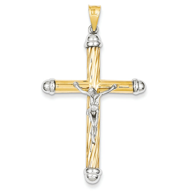 14K Gold Two-Tone with Rhodium Hollow Twist Texture Crucifix Pendant