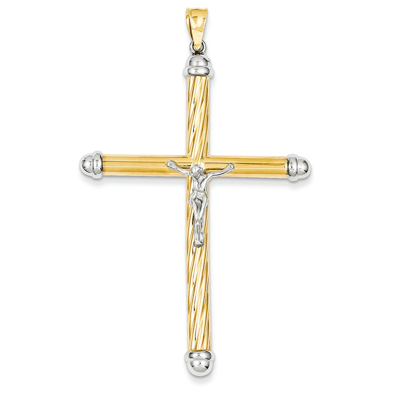 14K Gold Two-Tone with Rhodium Hollow Twist Texture Crucifix Pendant