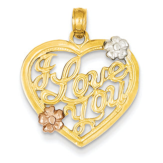 14K Gold Two-tone Rhodium Polished I Love You Heart with Flowers Pendant