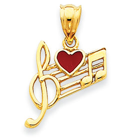 14K Gold Music Scale with Red Enameled Heart Pendant
