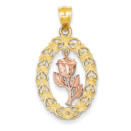 14K Gold Two-Tone Polished Moveable Flower in Oval Frame Pendant