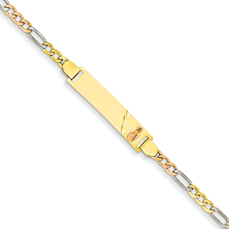 14K Gold Tricolor Figaro Baby ID w/Guadalupe Bracelet 6 Inches