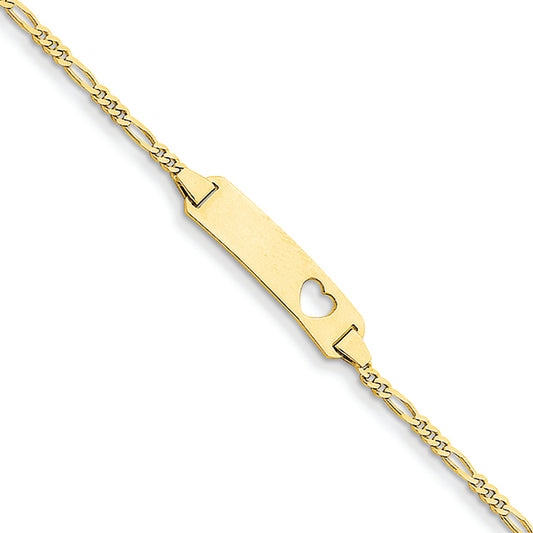 14K Gold Figaro Link ID, Plate with Cut-out Heart Bracelet 7 Inches