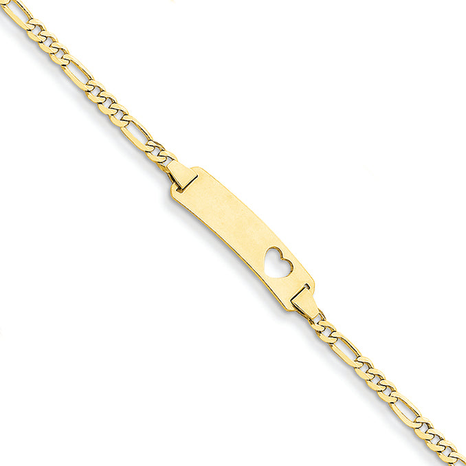 14K Gold Figaro Link ID, Plate with Cut-out Heart Bracelet 7 Inches