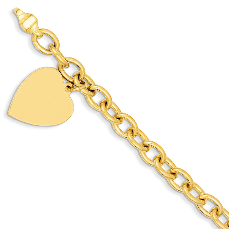 14K Gold 8.5in Polished Engravable Link with Heart Charm Bracelet 8.5 Inches