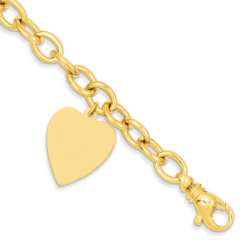 14K Gold 8.5in Polished Engravable Link with Heart Charm Bracelet 8.5 Inches