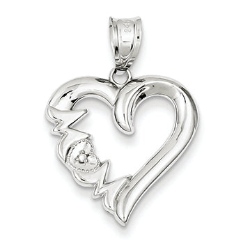 14K White Gold Diamond Satin Polished Mom Heart Pendant